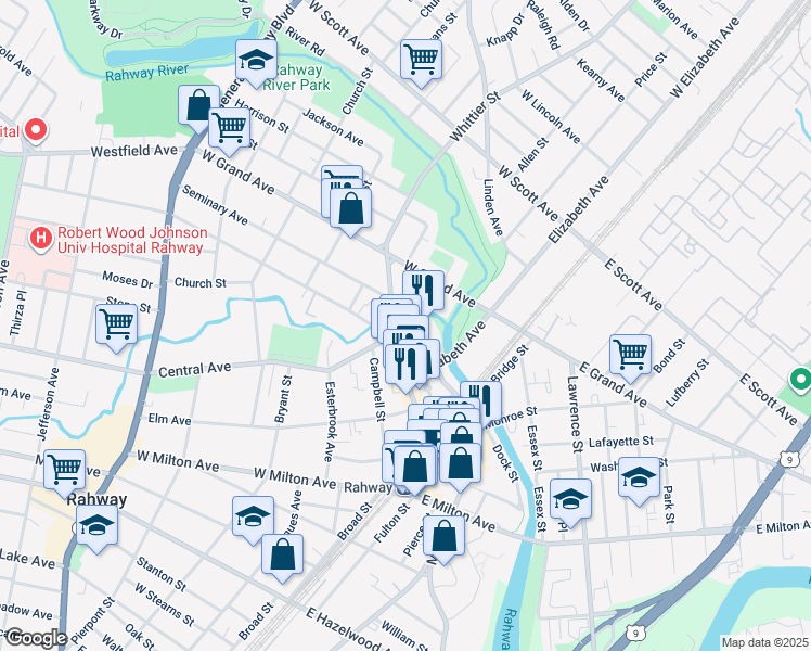 map of restaurants, bars, coffee shops, grocery stores, and more near 213 West Main Street in Rahway
