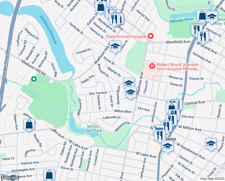 map of restaurants, bars, coffee shops, grocery stores, and more near 1045 Plymouth Drive in Rahway