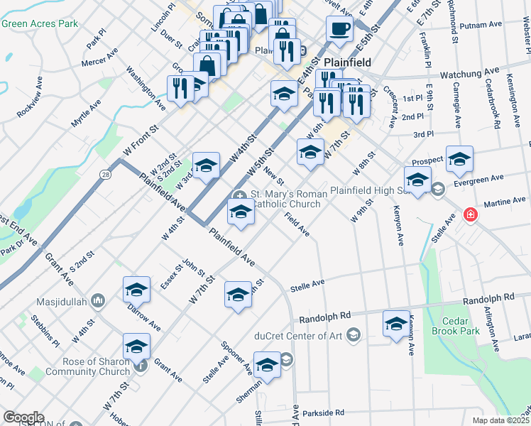 map of restaurants, bars, coffee shops, grocery stores, and more near 452 West 7th Street in Plainfield