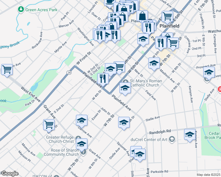 map of restaurants, bars, coffee shops, grocery stores, and more near 529 West 5th Street in Plainfield