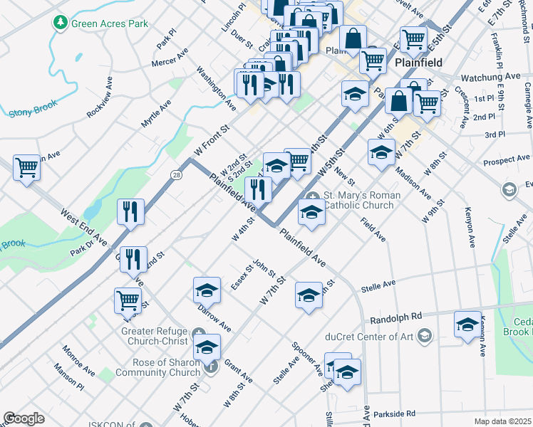 map of restaurants, bars, coffee shops, grocery stores, and more near 401-413 Plainfield Avenue in Plainfield