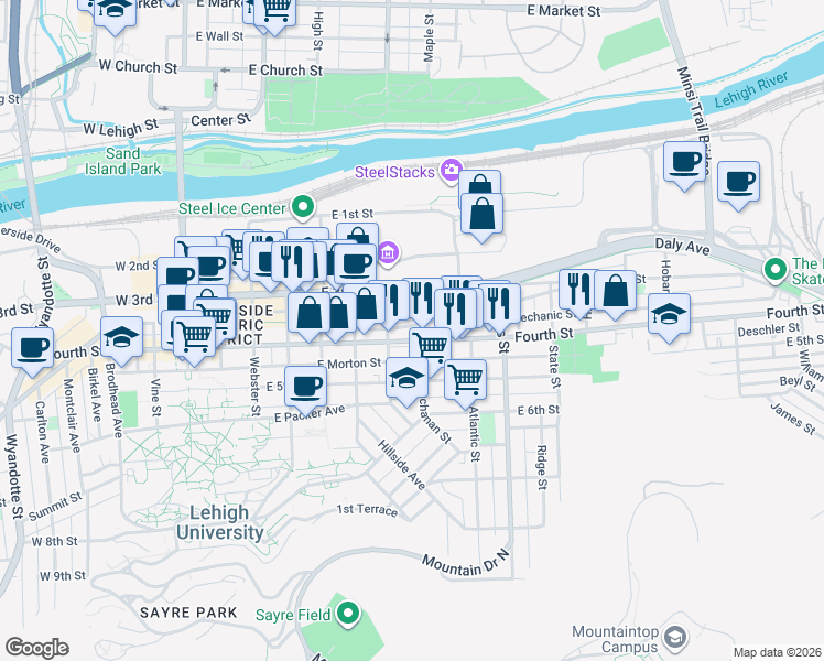 map of restaurants, bars, coffee shops, grocery stores, and more near 710 Evans Street in Bethlehem