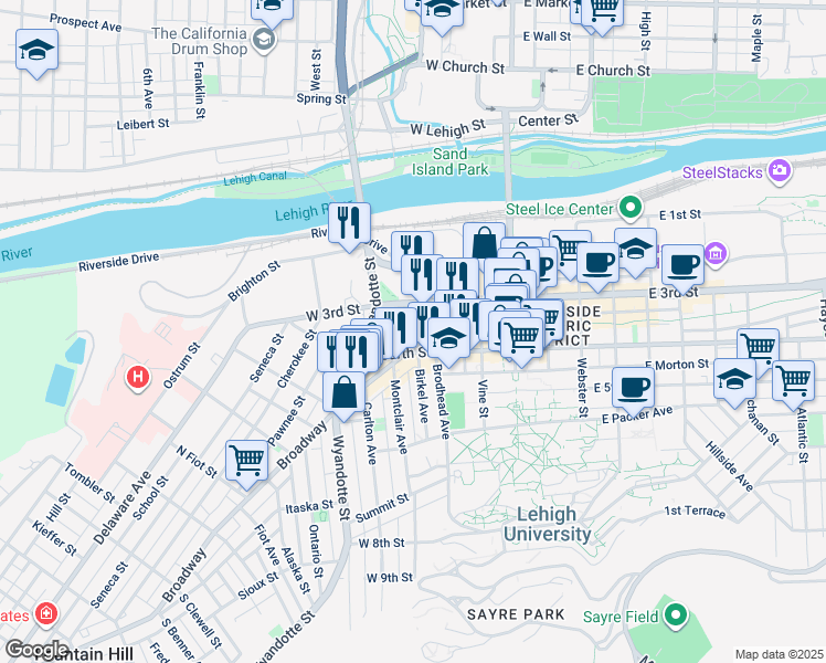 map of restaurants, bars, coffee shops, grocery stores, and more near 217 Broadway in Bethlehem