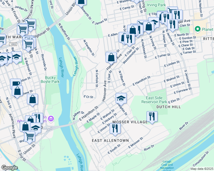 map of restaurants, bars, coffee shops, grocery stores, and more near in Allentown