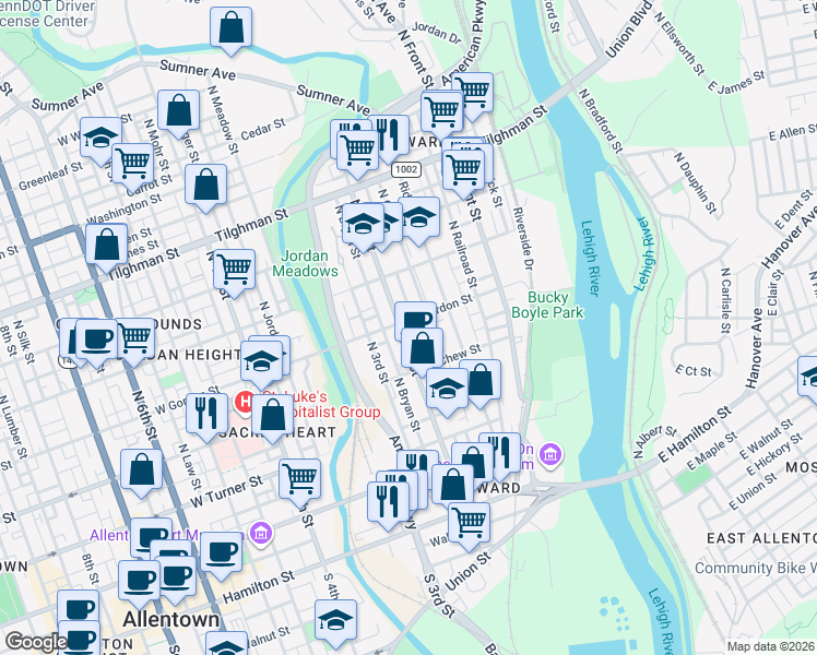 map of restaurants, bars, coffee shops, grocery stores, and more near 190 West Gordon Street in Allentown