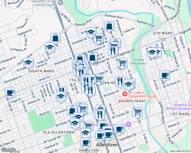 map of restaurants, bars, coffee shops, grocery stores, and more near 602 North 6th Street in Allentown