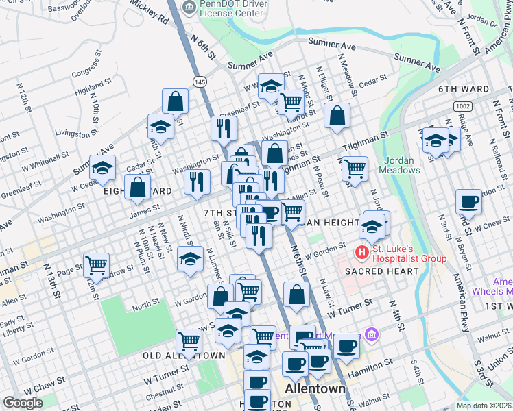 map of restaurants, bars, coffee shops, grocery stores, and more near 611 North 7th Street in Allentown