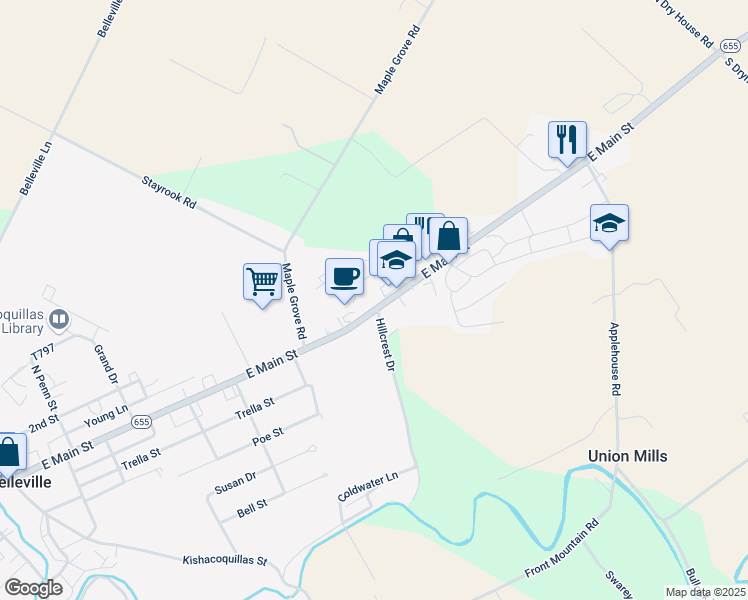 map of restaurants, bars, coffee shops, grocery stores, and more near 4451 East Main Street in Belleville