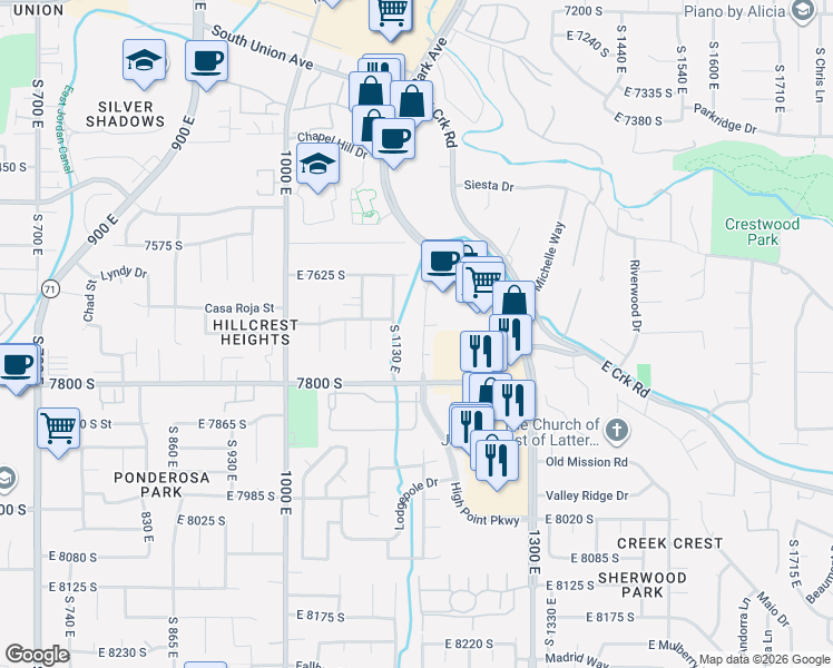map of restaurants, bars, coffee shops, grocery stores, and more near 7722 South 1200 East in Midvale