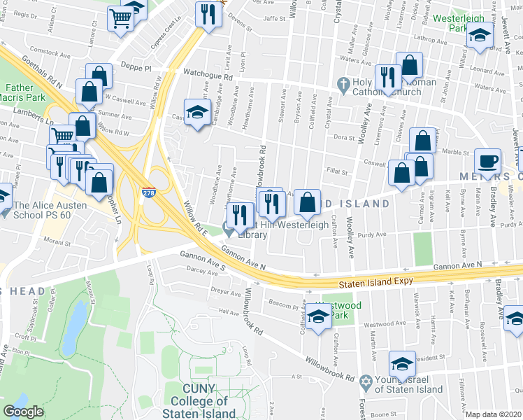 map of restaurants, bars, coffee shops, grocery stores, and more near 523 Willowbrook Road in Staten Island