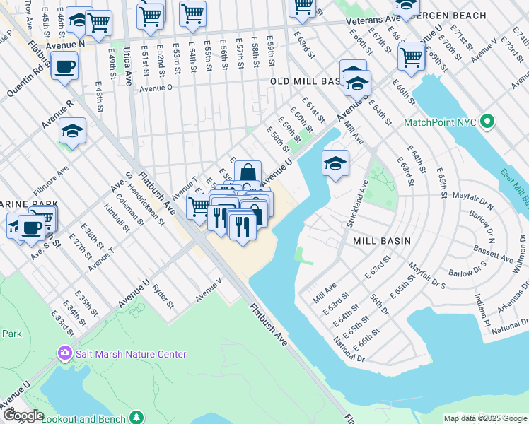 map of restaurants, bars, coffee shops, grocery stores, and more near 5100 Kings Plaza in Brooklyn