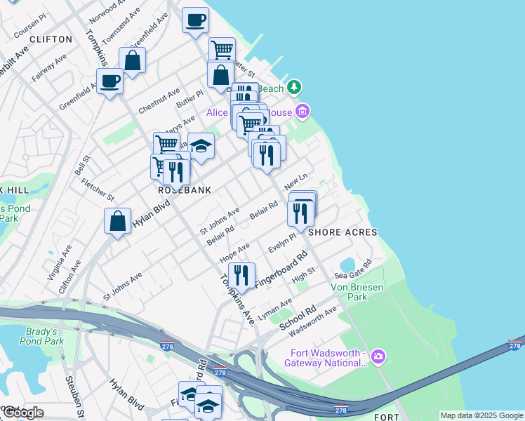 map of restaurants, bars, coffee shops, grocery stores, and more near 37 Belair Road in Staten Island
