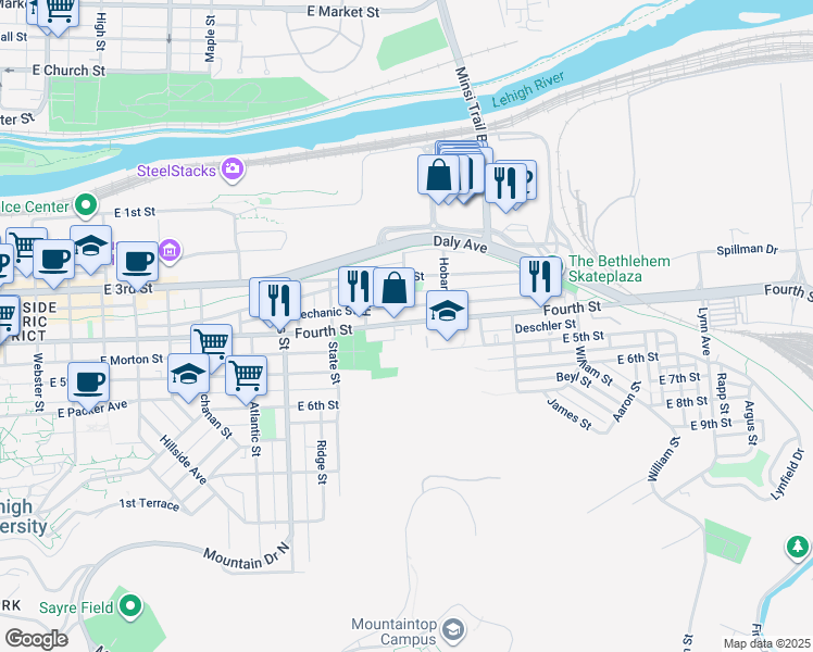 map of restaurants, bars, coffee shops, grocery stores, and more near 1144 East 4th Street in Bethlehem