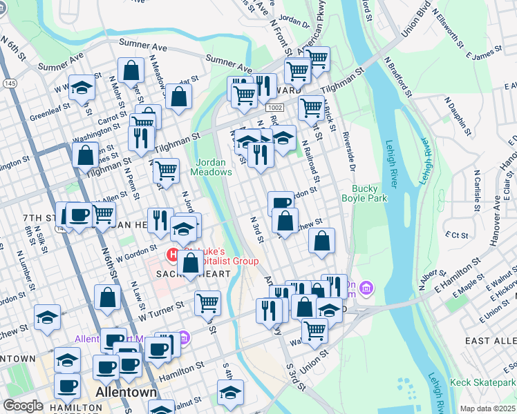 map of restaurants, bars, coffee shops, grocery stores, and more near 215 West Gordon Street in Allentown