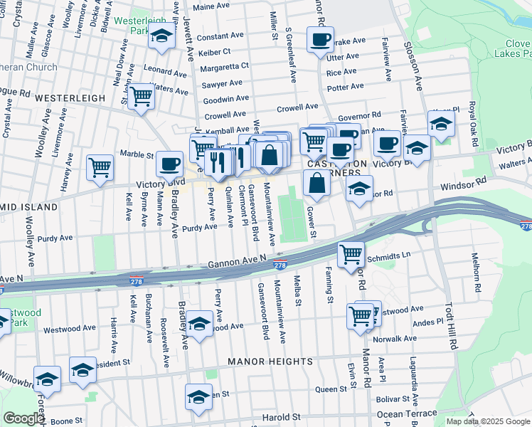 map of restaurants, bars, coffee shops, grocery stores, and more near 58 Mountainview Avenue in Staten Island
