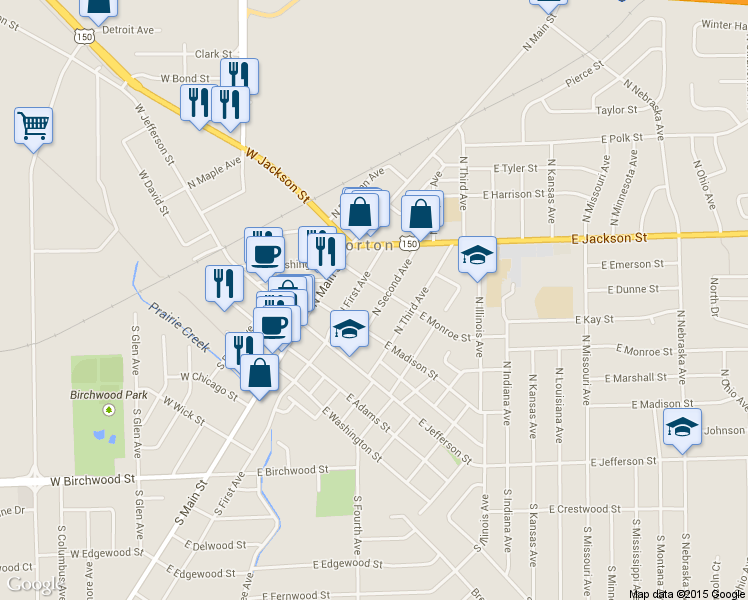 map of restaurants, bars, coffee shops, grocery stores, and more near 225 North Second Avenue in Morton