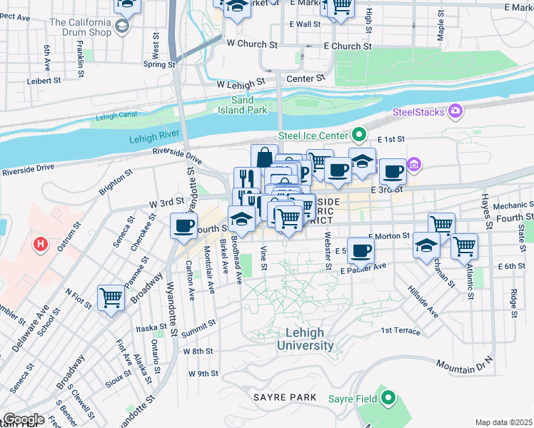 map of restaurants, bars, coffee shops, grocery stores, and more near 329 Vine Street in Bethlehem