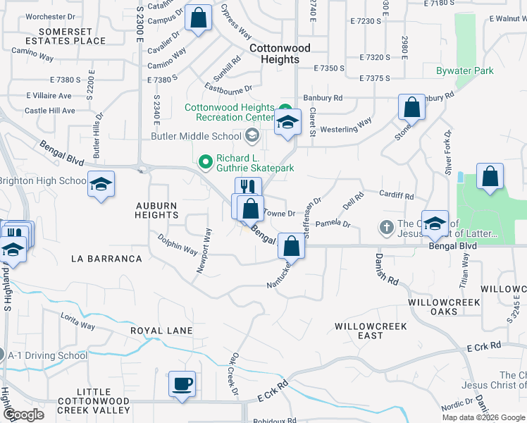 map of restaurants, bars, coffee shops, grocery stores, and more near 2616 East Towne Drive in Cottonwood Heights