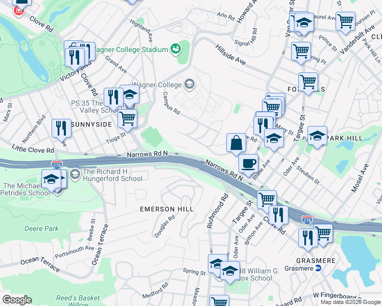 map of restaurants, bars, coffee shops, grocery stores, and more near 755 Narrows Road North in Staten Island