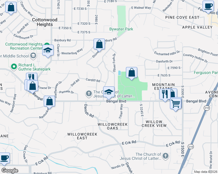 map of restaurants, bars, coffee shops, grocery stores, and more near 3055 East Brighton Circle in Cottonwood Heights