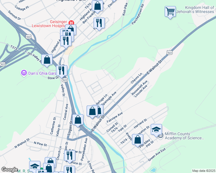 map of restaurants, bars, coffee shops, grocery stores, and more near 28 Rosemont Avenue in Lewistown