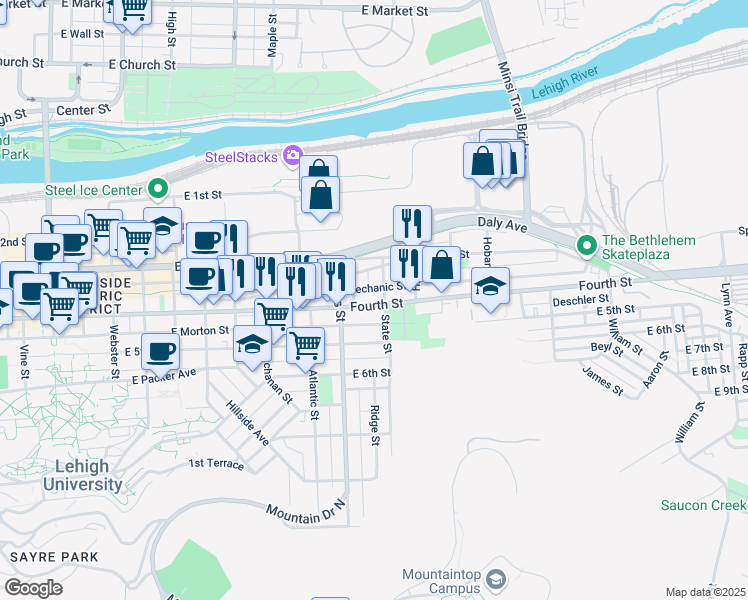 map of restaurants, bars, coffee shops, grocery stores, and more near 929 East 4th Street in Bethlehem