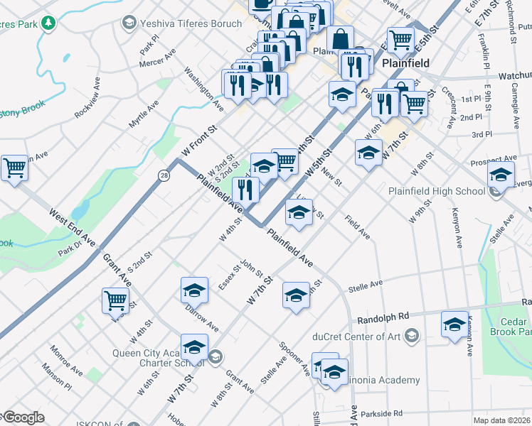 map of restaurants, bars, coffee shops, grocery stores, and more near 529 West 5th Street in Plainfield