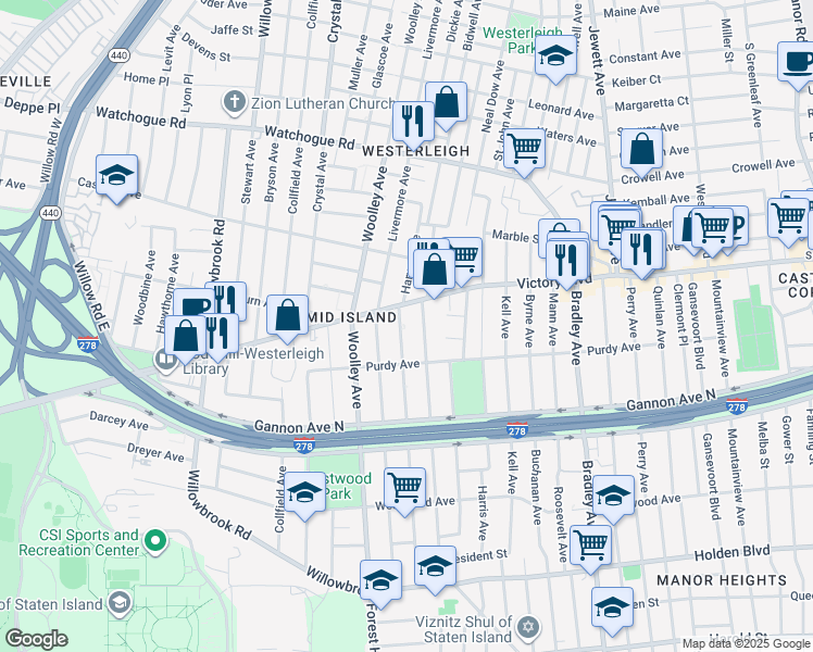 map of restaurants, bars, coffee shops, grocery stores, and more near 21 Ardmore Avenue in Staten Island