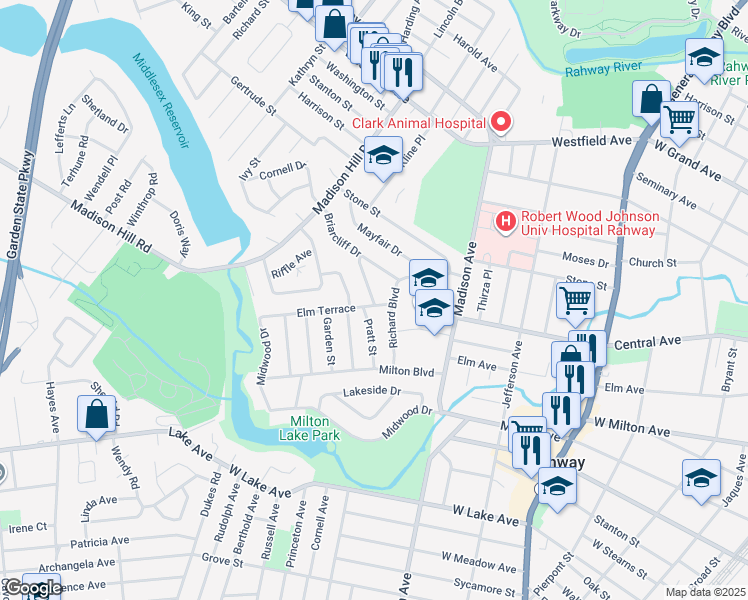 map of restaurants, bars, coffee shops, grocery stores, and more near 1045 Plymouth Drive in Rahway