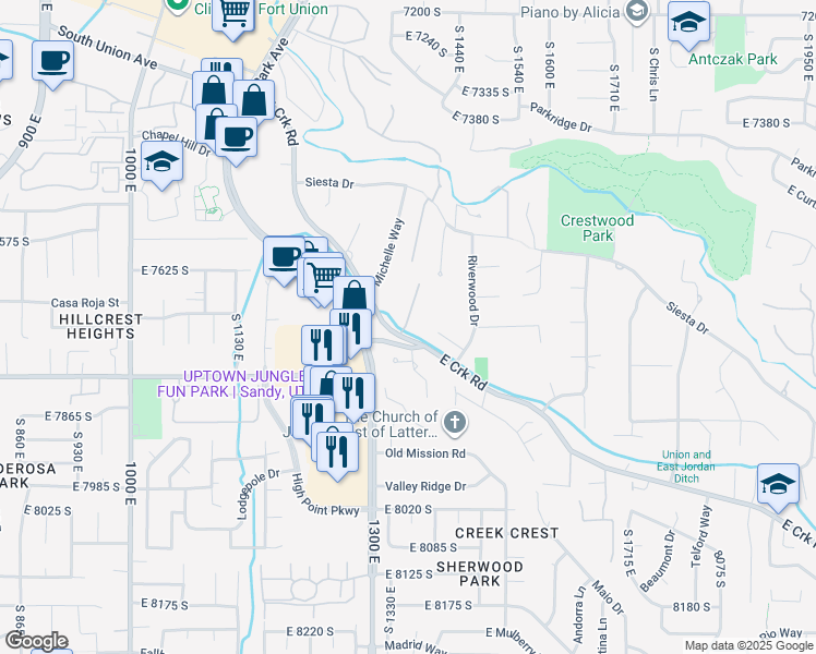 map of restaurants, bars, coffee shops, grocery stores, and more near 1341 East Creek Road in Cottonwood Heights