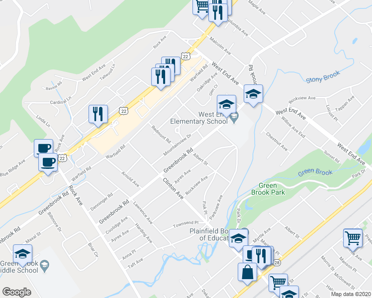 map of restaurants, bars, coffee shops, grocery stores, and more near 544 Greenbrook Road in North Plainfield