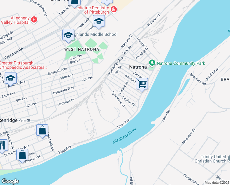 map of restaurants, bars, coffee shops, grocery stores, and more near 59 Sycamore Street in Natrona Heights