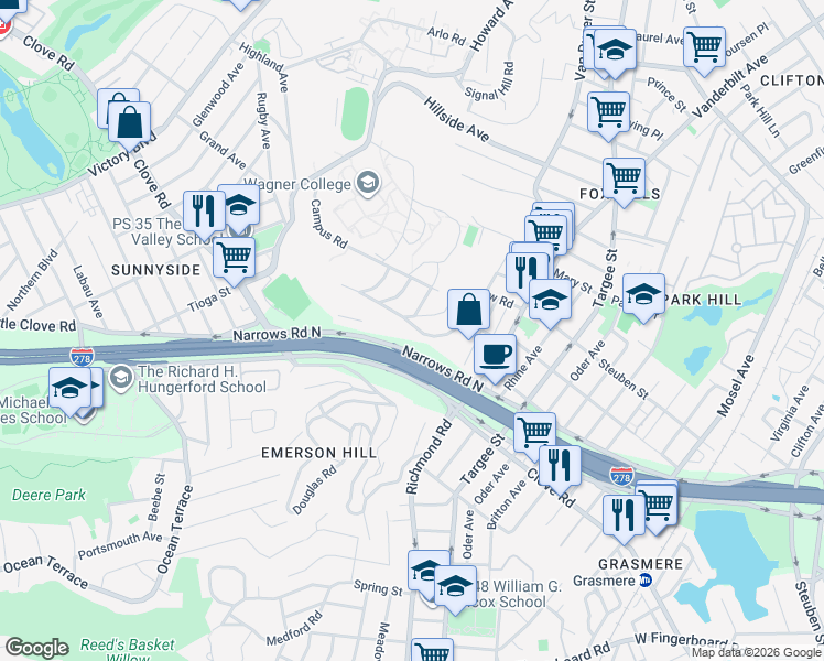 map of restaurants, bars, coffee shops, grocery stores, and more near 142 Longview Road in Staten Island