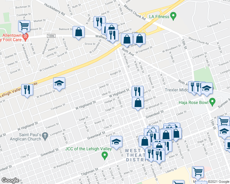 map of restaurants, bars, coffee shops, grocery stores, and more near 1106 North 20th Street in Allentown