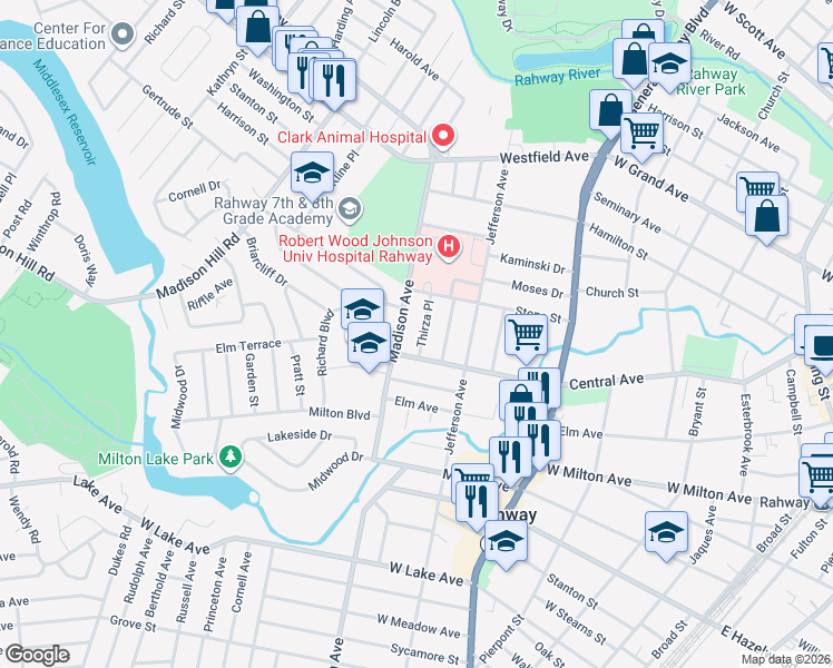 map of restaurants, bars, coffee shops, grocery stores, and more near 1084 Thirza Place in Rahway