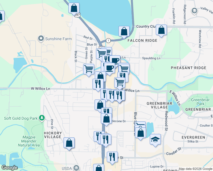 map of restaurants, bars, coffee shops, grocery stores, and more near 1802 North College Avenue in Fort Collins