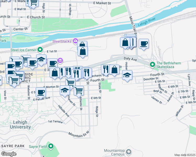 map of restaurants, bars, coffee shops, grocery stores, and more near 935 East 4th Street in Bethlehem
