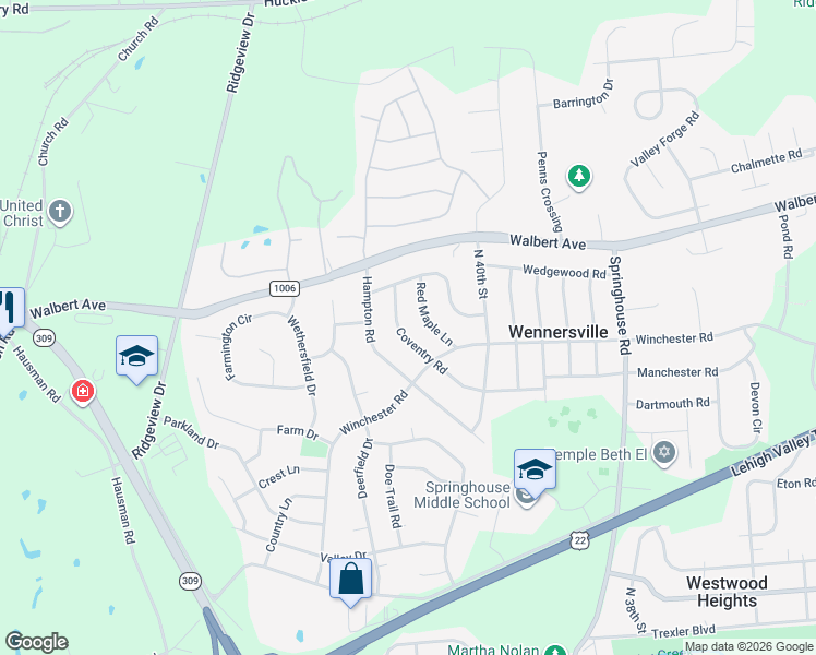 map of restaurants, bars, coffee shops, grocery stores, and more near 1485 Coventry Road in Allentown