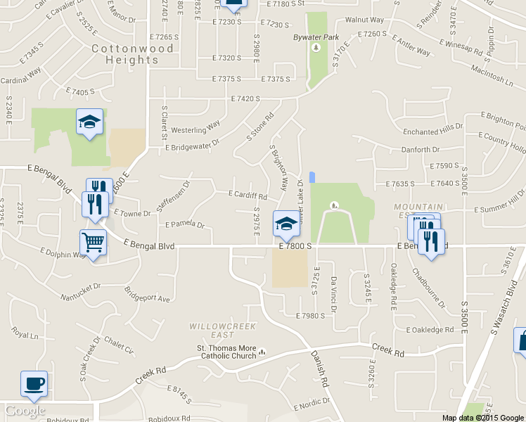 map of restaurants, bars, coffee shops, grocery stores, and more near 7723 Biscayne Drive in Cottonwood Heights