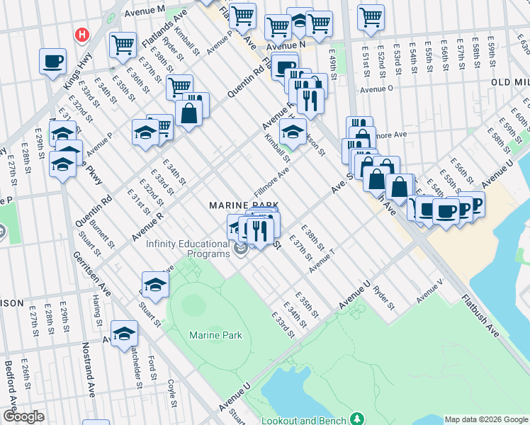 map of restaurants, bars, coffee shops, grocery stores, and more near 1932 East 37th Street in Brooklyn