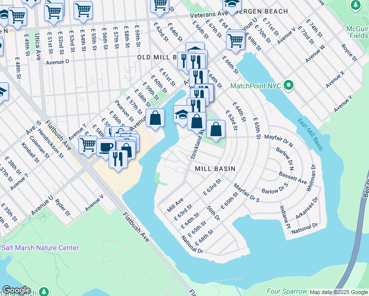 map of restaurants, bars, coffee shops, grocery stores, and more near 6019 Strickland Avenue in Brooklyn