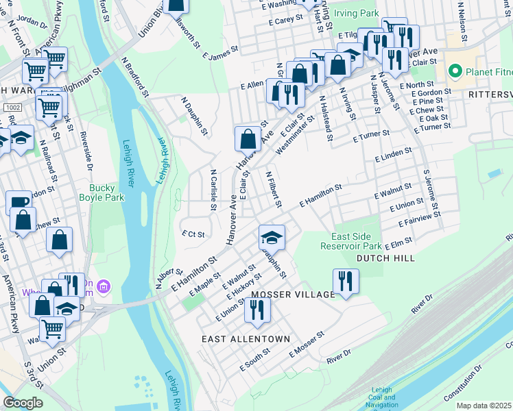 map of restaurants, bars, coffee shops, grocery stores, and more near 32 North Ellsworth Street in Allentown