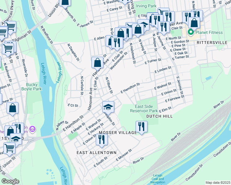 map of restaurants, bars, coffee shops, grocery stores, and more near 7 North Filbert Street in Allentown