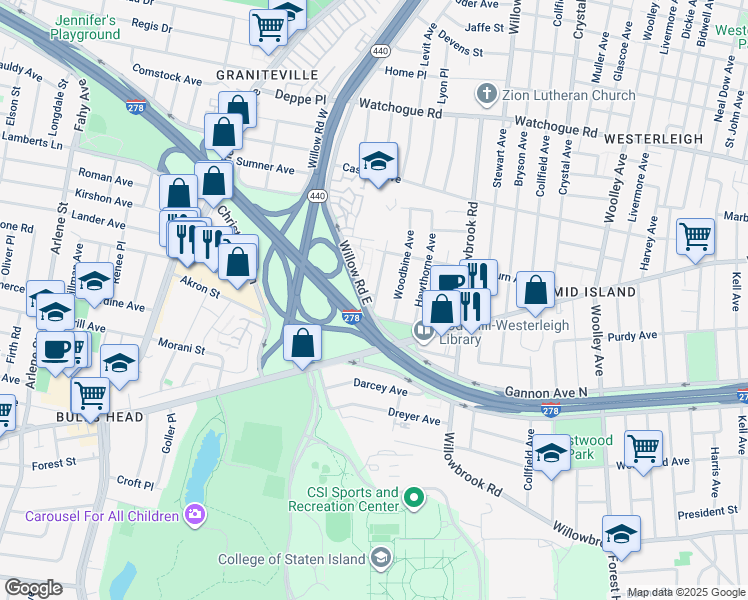 map of restaurants, bars, coffee shops, grocery stores, and more near 15 Nina Avenue in Staten Island