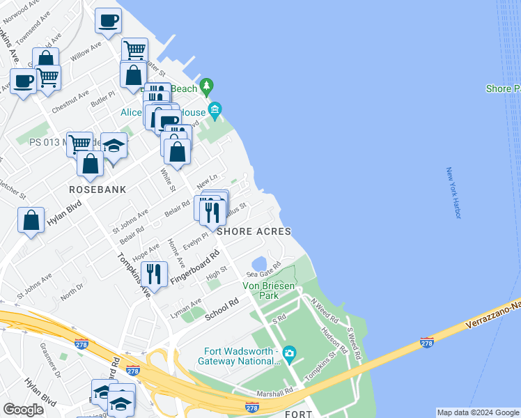 map of restaurants, bars, coffee shops, grocery stores, and more near 101 Harborview Place in Staten Island