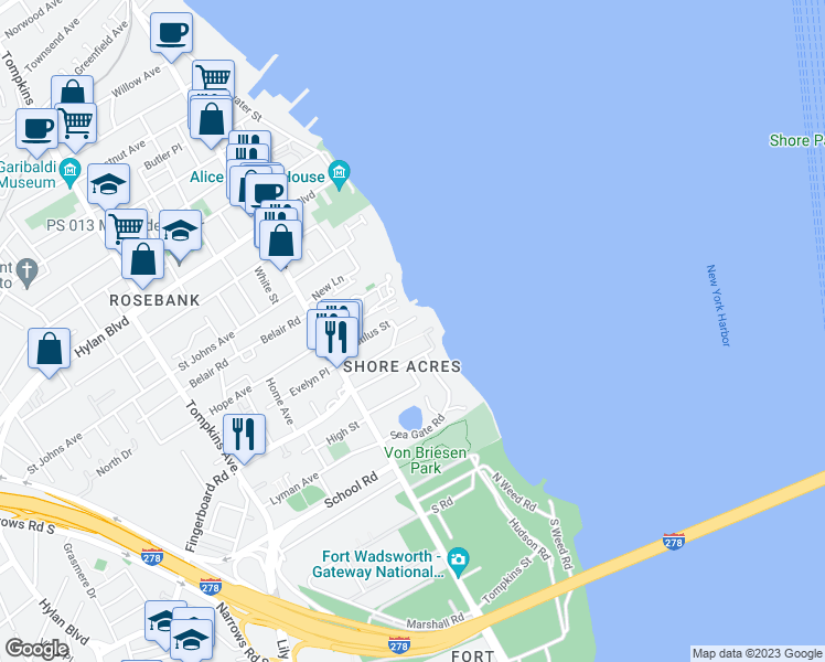 map of restaurants, bars, coffee shops, grocery stores, and more near 101 Harborview Place in Staten Island