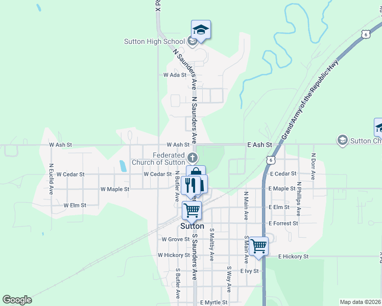 map of restaurants, bars, coffee shops, grocery stores, and more near 101-199 West Beech Street in Sutton