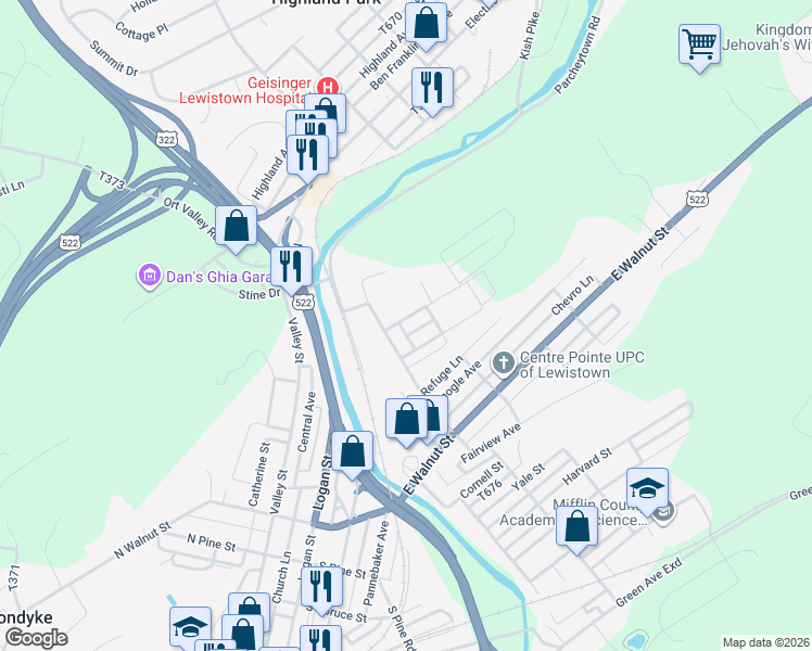 map of restaurants, bars, coffee shops, grocery stores, and more near 4 Oakland Avenue in Lewistown