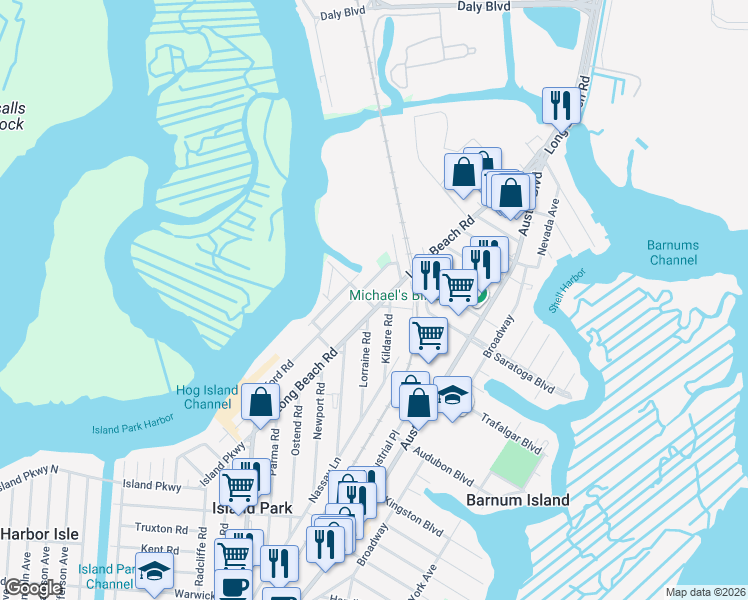 map of restaurants, bars, coffee shops, grocery stores, and more near 544 Long Beach Road in Island Park