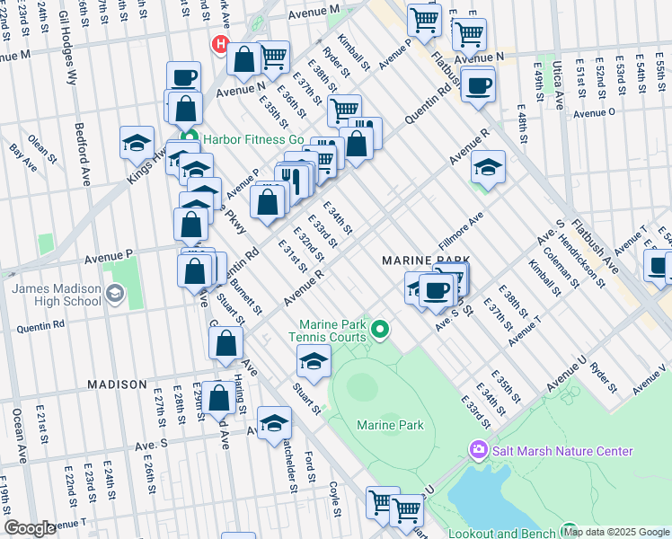 map of restaurants, bars, coffee shops, grocery stores, and more near 3204 Avenue R in Brooklyn